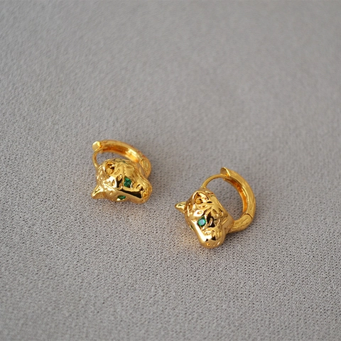 Leopardenkopf Creolen Mit Grünen Augen Gold Vergoldetes Messing Strass Vintage Tier Schmuck Für Damen Party Täglich Accessoire