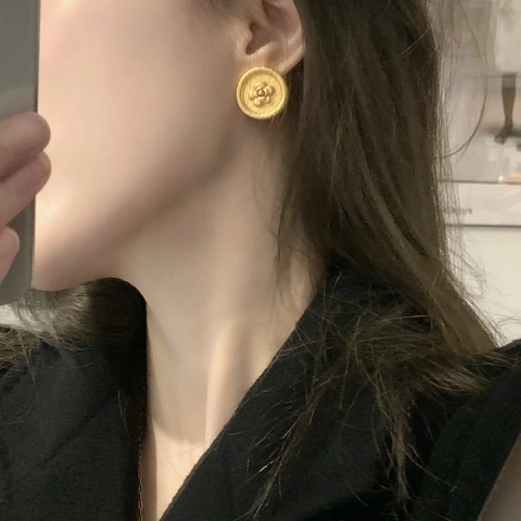 French Vintage Camellia Brass Gold Plated Stud Earrings With 925 Sterling Silver Earring Post Round Floral Jewelry For Women