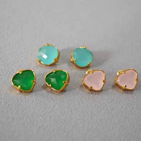 Koreanische Messing Vergoldete Geometrische Jade Ohrstecker Mit 925 Sterlingsilber Ohrstecker-Stift Herz Einfacher Schmuck Damen