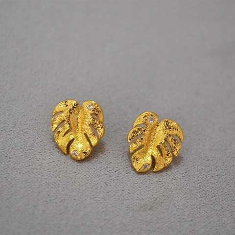 Bohemian Monstera Blad Oorknopjes Messing Verguld Zirconia Ingelegd 925 Sterling Zilver Stift Vrouwen Sieraden