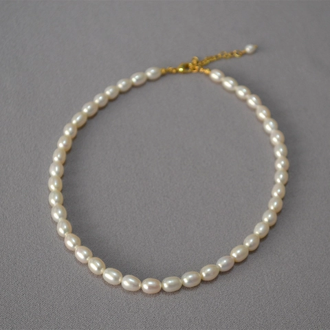 Élégant Collier De Perles D'Eau Douce Style Français Perles Ovales Grain De Riz Chaîne De Clavicule Avec Chaîne D'Extension Femme