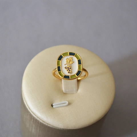 Anello Francese Vintage in Smalto con Foglie di Vite per Donna Ottone Placcato Oro Stile Pastorale Gioielli Artistici a Mano