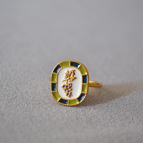 Anello Francese Vintage in Smalto con Foglie di Vite per Donna Ottone Placcato Oro Stile Pastorale Gioielli Artistici a Mano