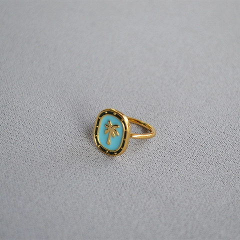 Bague Chevalière en Laiton Plaqué Or Émail Bleu Cocotier Bijoux de Style Vacances Tropicales pour Femmes