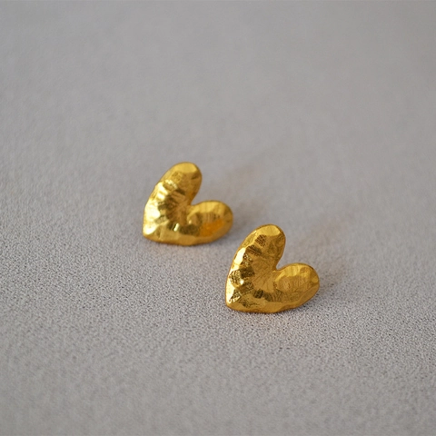 Boucles d'Oreilles Cœur en Laiton Vintage Avec Tige en Argent Sterling 925 Texture Martelée Bijoux Or Rétro pour Femme