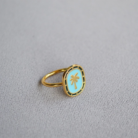 Bague Chevalière en Laiton Plaqué Or Émail Bleu Cocotier Bijoux de Style Vacances Tropicales pour Femmes