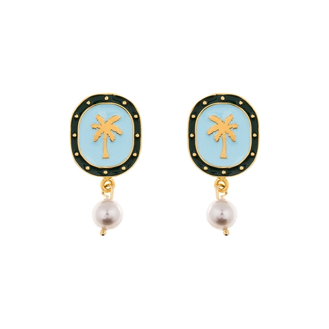 Vintage Blue Enamel Coconut Tree Stud Earrings With 925 Sterling Silver Earring Post Copper Freshwater Pearl Earrings Women