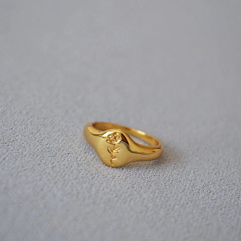 Anello Signet Vintage in Ottone Placcato Oro 18K Con Rosa Incisa Per Donna Minimalista Floreale Gioielli di Moda Regalo