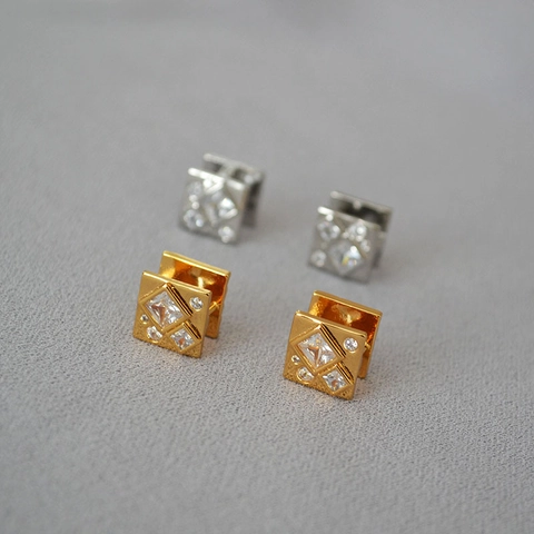 Korean Niche Design Brass Gold Plated Inlaid Zirconia Irregular Texture Geometric Square Stud Earrings For Women Vintage Jewelry