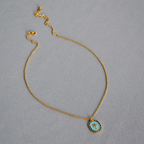 Vintage Blue Enamel Tropical Palm Tree Pendant Necklace For Women Elegant Brass Copper Freshwater Pearl Vacation Jewelry