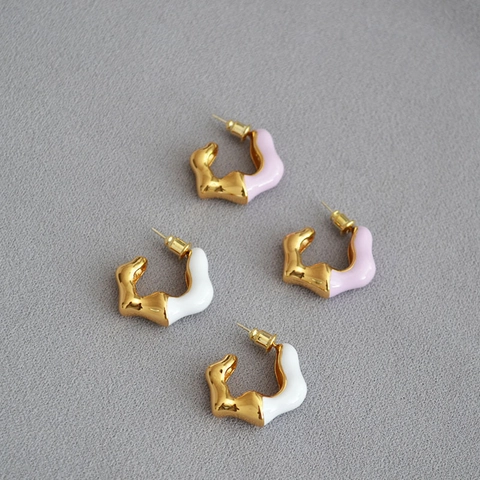 Messing Vergoldet Emaille Unregelmäßige Welle C-Form Ohrstecker Mit 925 Sterling Silber Stift Damen Trendig Schmuck