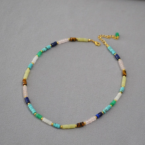 Bohemian Colorful Natural Stone Beaded Necklace For Women Vintage Geometric Copper Spacers Handmade Summer Beach Jewelry
