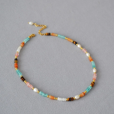 Handmade Mori Style Beaded Necklace For Women With Freshwater Pearl Tiger Eye Amazonite Agate Natural Stone Bohemian Jewelry