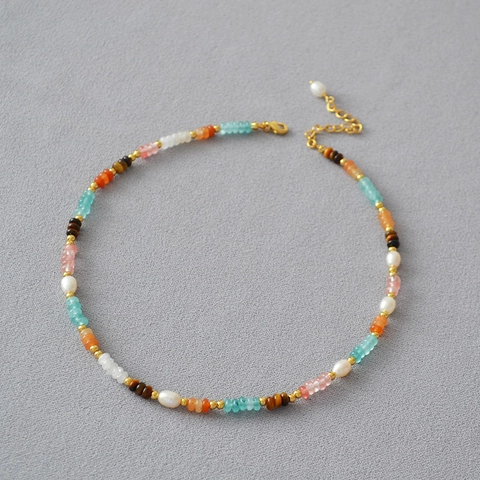 Handmade Mori Style Beaded Necklace For Women With Freshwater Pearl Tiger Eye Amazonite Agate Natural Stone Bohemian Jewelry