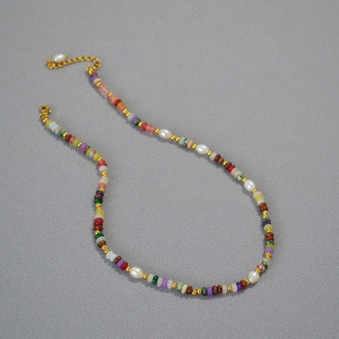 Bohemian Multicolor Natural Stone Beaded Necklace With Freshwater Pearl Handmade Adjustable Necklace Bracelet Jewelry For Women