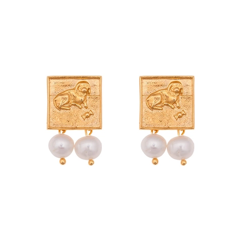Vintage Messing Quadratisch Relief Ohrringe Für Damen Mit Süßwasserperle 925 Sterlingsilber Ohrstecker-Stift Schmuck