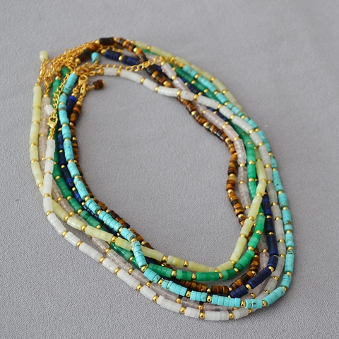 Bohemian Vintage Natural Stone Beaded Necklace Mixed Color Cylindrical Beads Choker Handmade Minimalist Jewelry For Women