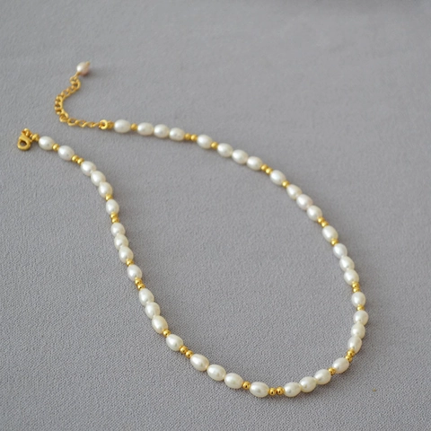 Französischer Stil Süßwasser Reis Perle Gold Perle Halskette Elegante Choker Für Damen Geschenk Schlüsselbeinkette Schmuck