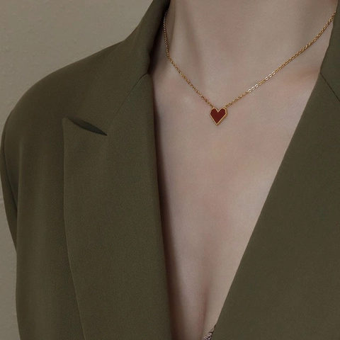Collar de Colgante de Corazón Rojo Vintage para Mujer Latón Chapado en Oro Esmalte Borde de Cuentas Corazón Cadena de Clavícula