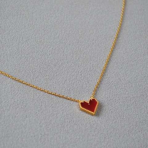 Collar de Colgante de Corazón Rojo Vintage para Mujer Latón Chapado en Oro Esmalte Borde de Cuentas Corazón Cadena de Clavícula