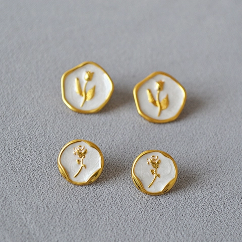 Orecchini a Bottone a Forma di Rosa in Ottone Placcato Oro e Smalto Bianco Con Perno in Argento Sterling 925 Gioielli Retrò Francesi per Donna