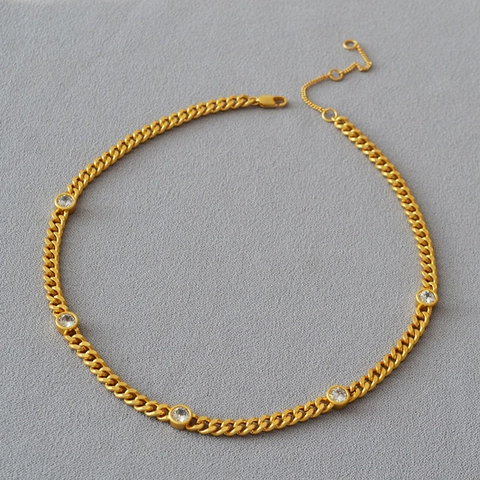 Collana a Catena Cubana in Ottone Placcato Oro Vintage Con Intarsio in Zirconia Luccicante Gioielli di Moda per Donna e Uomo