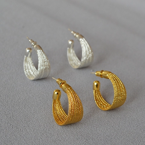 Orecchini a Cerchio C in Ottone Strutturato Stile Ins Con Perno in Argento Sterling 925 Placcato Oro Argento Gioielli Donna