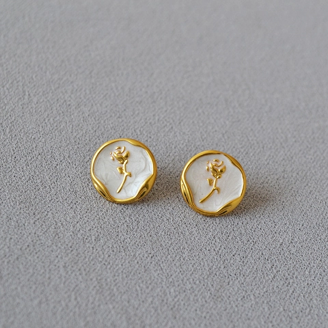 Orecchini a Bottone a Forma di Rosa in Ottone Placcato Oro e Smalto Bianco Con Perno in Argento Sterling 925 Gioielli Retrò Francesi per Donna