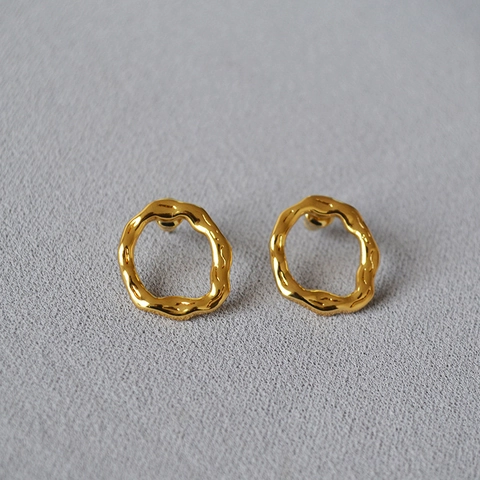 Orecchini a Cerchio Rotondi Irregolari Vintage per Donna in Ottone Placcato Oro Martellato Con Perno in Argento Sterling 925