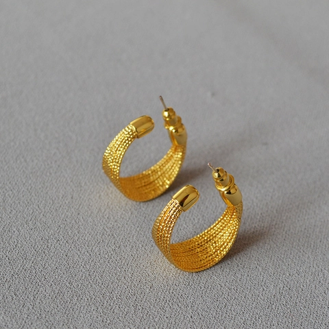 Orecchini a Cerchio C in Ottone Strutturato Stile Ins Con Perno in Argento Sterling 925 Placcato Oro Argento Gioielli Donna