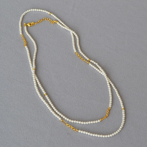 Collana Lunga con Perle Artificiali Vintage Francese a Due Strati in Ottone Placcato Oro Catena per Maglione Gioielli Donna