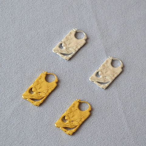 Pendientes Vintage de Cobre Bañados en Oro y Plata con Textura de Lava Irregular Mujer Minimalista Geométrico Hueco Joyería