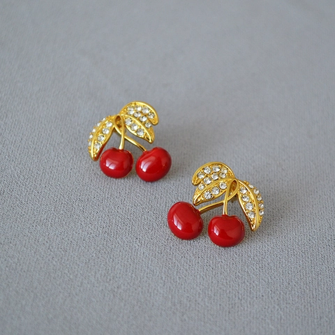 Vintage Brass Gold Plated Cherry Stud Earrings With Rhinestone And 925 Sterling Silver Earring Post Red Enamel Fruit Earrings Women