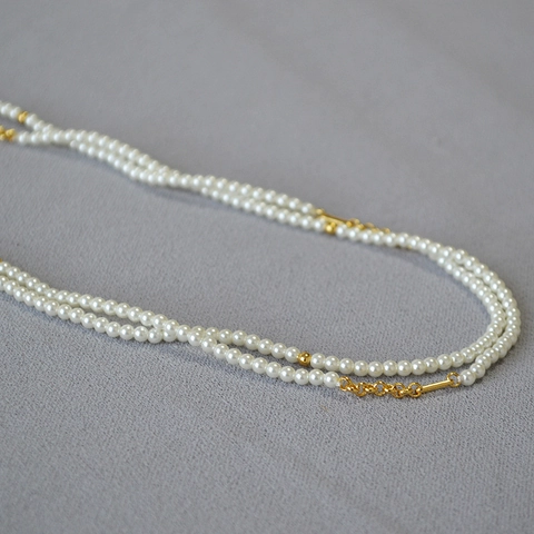 Collana Lunga con Perle Artificiali Vintage Francese a Due Strati in Ottone Placcato Oro Catena per Maglione Gioielli Donna