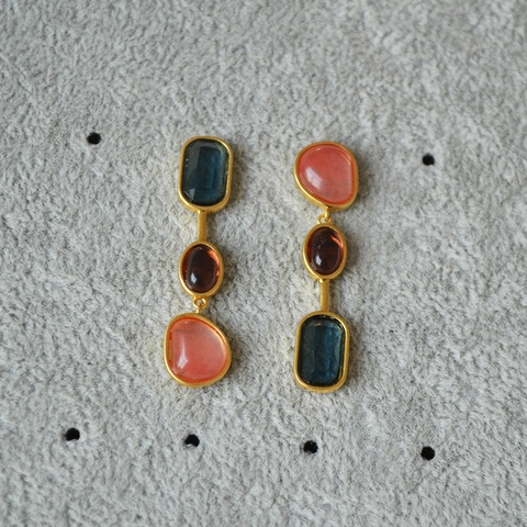 Orecchini Pendenti Geometrici in Ottone Placcato Oro Vintage Con Perno in Argento Sterling 925 Pietra di Vetro Colorata Gioielli Retro Donna