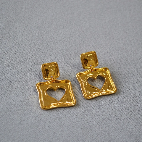 Pendientes Colgantes Cuadrados Geométricos Vintage Con Corazón Hueco Latón Bañado En Oro 18K Poste De Plata 925