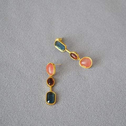 Orecchini Pendenti Geometrici in Ottone Placcato Oro Vintage Con Perno in Argento Sterling 925 Pietra di Vetro Colorata Gioielli Retro Donna