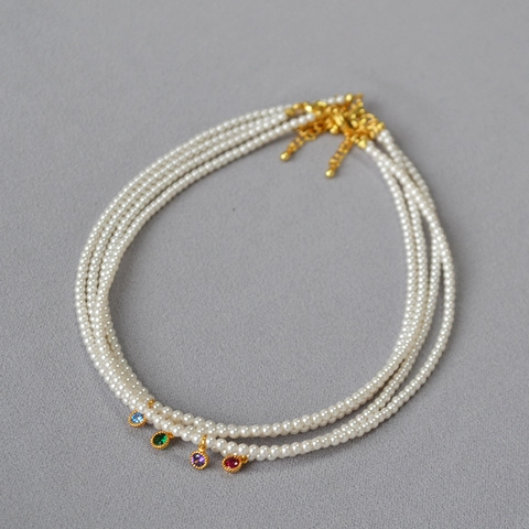 Elegante Künstliche Perlenkette Im Französischen Stil Runder Bunter Zirkonia Anhänger Gold Vergoldet Messing Schlüsselbeinkette