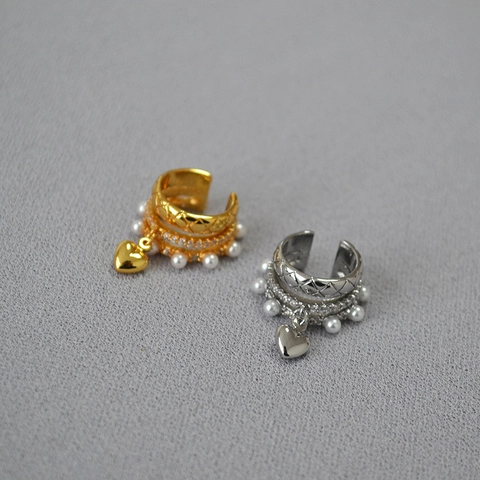 Χάλκινα Σκουλαρίκια Ear Cuffs Σχήματος C Με Τεχνητό Μαργαριτάρι Στρας Κρεμαστή Καρδιά Επιχρυσωμένα Ασημένια Κλιπ για Γυναίκες