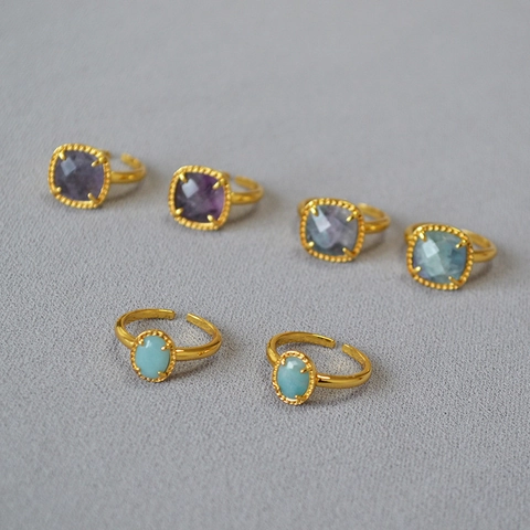 Vintage Natural Fluorite Open Ring Gold Plated Brass Geometric Square Raw Stone Adjustable Finger Ring For Women Jewelry