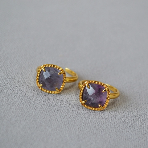 Vintage Natural Fluorite Open Ring Gold Plated Brass Geometric Square Raw Stone Adjustable Finger Ring For Women Jewelry