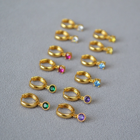 Exquisite Mini Kupfer Creolen Mit Bunten Runden Zirkonia Anhänger Minimalistische Geometrische Ohrstecker Für Damen Mode Schmuck