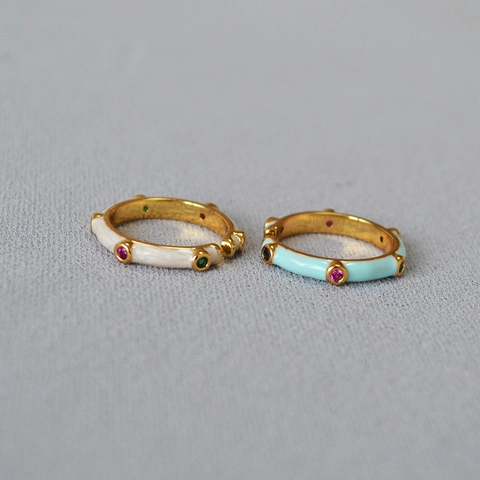 Anello Aperto a Forma di Bambù in Smalto e Zirconia Regolabile Rame Placcato Oro Minimalista Colorato per Donna