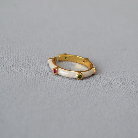 Anello Aperto a Forma di Bambù in Smalto e Zirconia Regolabile Rame Placcato Oro Minimalista Colorato per Donna