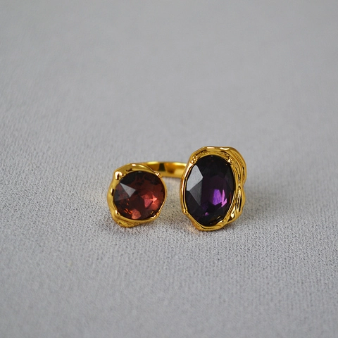 Anello Aperto Regolabile in Ottone Placcato Oro 18K Vintage per Donna Retro Texture Lava con Intarsio in Vetro Viola Rosso Vino