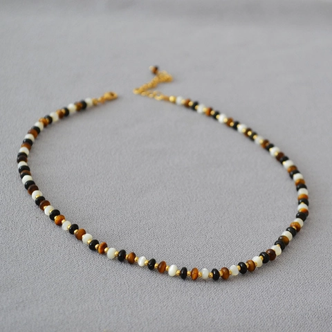 Collana di Perline Retrò in Occhio di Tigre Madreperla Agata Nera Elegante Vintage Splicing Perline Catena Regolabile Collana Bracciale Gioielli da Donna