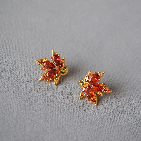 Orecchini a Bottone in Rame a Foglia di Acero Stile Mori Vintage Con Perno in Argento Sterling 925 Zirconia Arancio Rosso Intarsiato