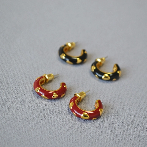 Vintage Emaille Herz C-Förmige Messing Ohrstecker Mit 925 Sterlingsilber Ohrstecker-Stift 18K Vergoldet Retro Schmuck Für Damen