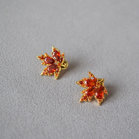 Orecchini a Bottone in Rame a Foglia di Acero Stile Mori Vintage Con Perno in Argento Sterling 925 Zirconia Arancio Rosso Intarsiato