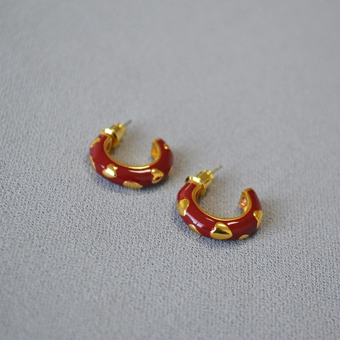 Vintage Emaille Herz C-Förmige Messing Ohrstecker Mit 925 Sterlingsilber Ohrstecker-Stift 18K Vergoldet Retro Schmuck Für Damen